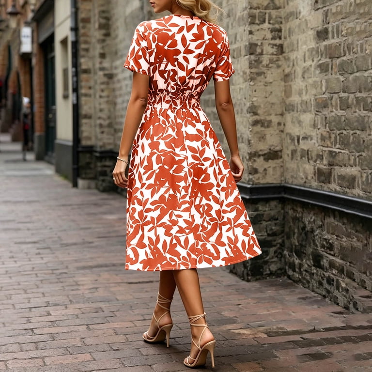 Women's Summer Empire Waist Dress Casual V Neck Short Flutter Sleeve Midi Dresses 2026
