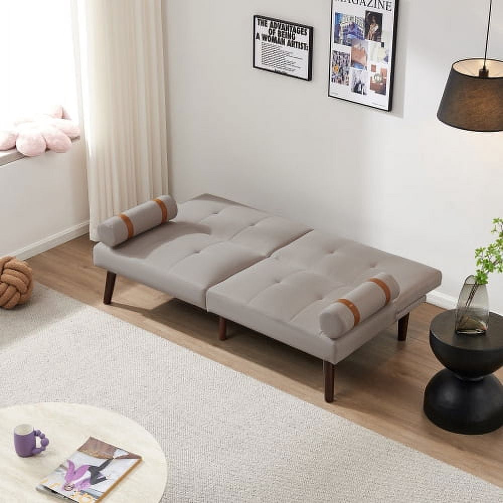 Leumius Modern Futon Sofa Bed, Convertible Folding Recliner Couch with Solid Wood Legs, Light Gray