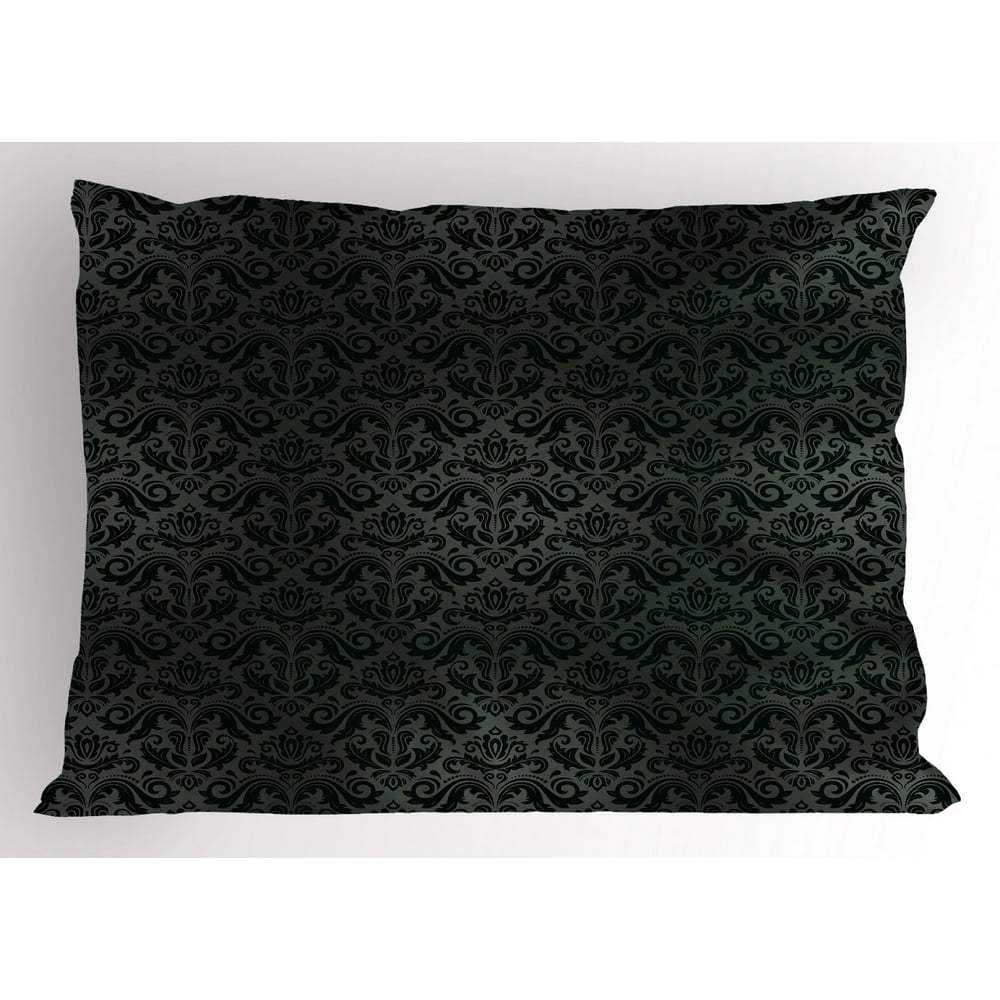 Dark Grey Pillow Sham Black Damask Arabesque and Floral Elements