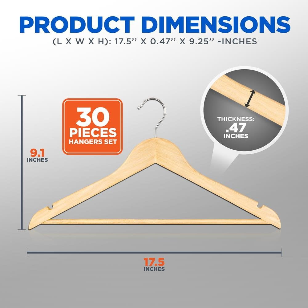 Premium Solid Wooden Hangers - Smooth Finish Space Saving Heavy Duty Suit Clothes Hanger Set w/ 360 Degree Swivel Metal Hook, Precisely Cut Notches, for Coats Jackets Pants Dress (30-Pack)