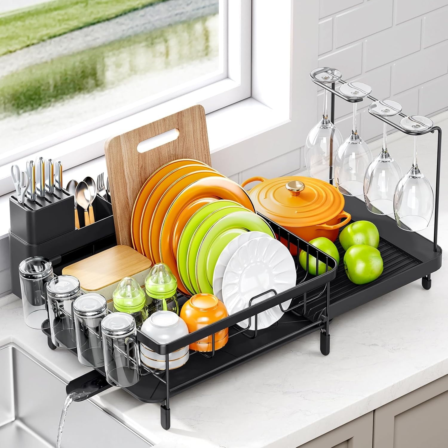 Dish Drying Rack, Expandable Large Capacity Dish Rack with Drainboard, Wine Glasses Holder, Space Saving Dish Drainer, Black