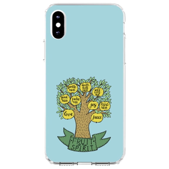 DistinctInk Clear Shockproof Hybrid Case for iPhone X / XS (5.8" Screen) - TPU Bumper, Acrylic Back, Tempered Glass Screen Protector - Fruit of the Spirith - Tree - Yellow Teal