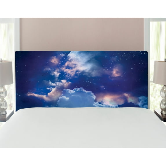 Space Headboard, Magic Sky View with Star and Clouds Celestial Miraculous World Cosmic Expanse Theme, Upholstered Decorative Metal Bed Headboard with Memory Foam, Full Size, Blue White, by Ambesonne