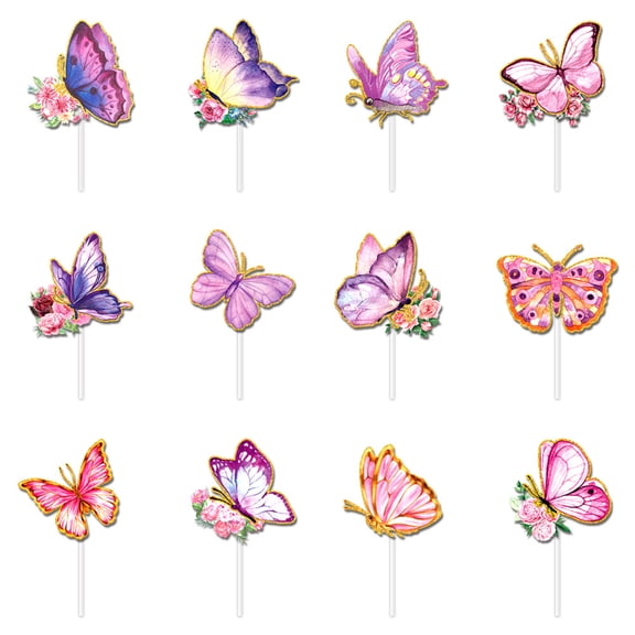 Butterfly Cupcake Toppers Watercolor Butterfly Cake Decorations Durable Paper Party Decor Picks for Birthday Wedding All Ages Shower Pink Purple 12 Pack