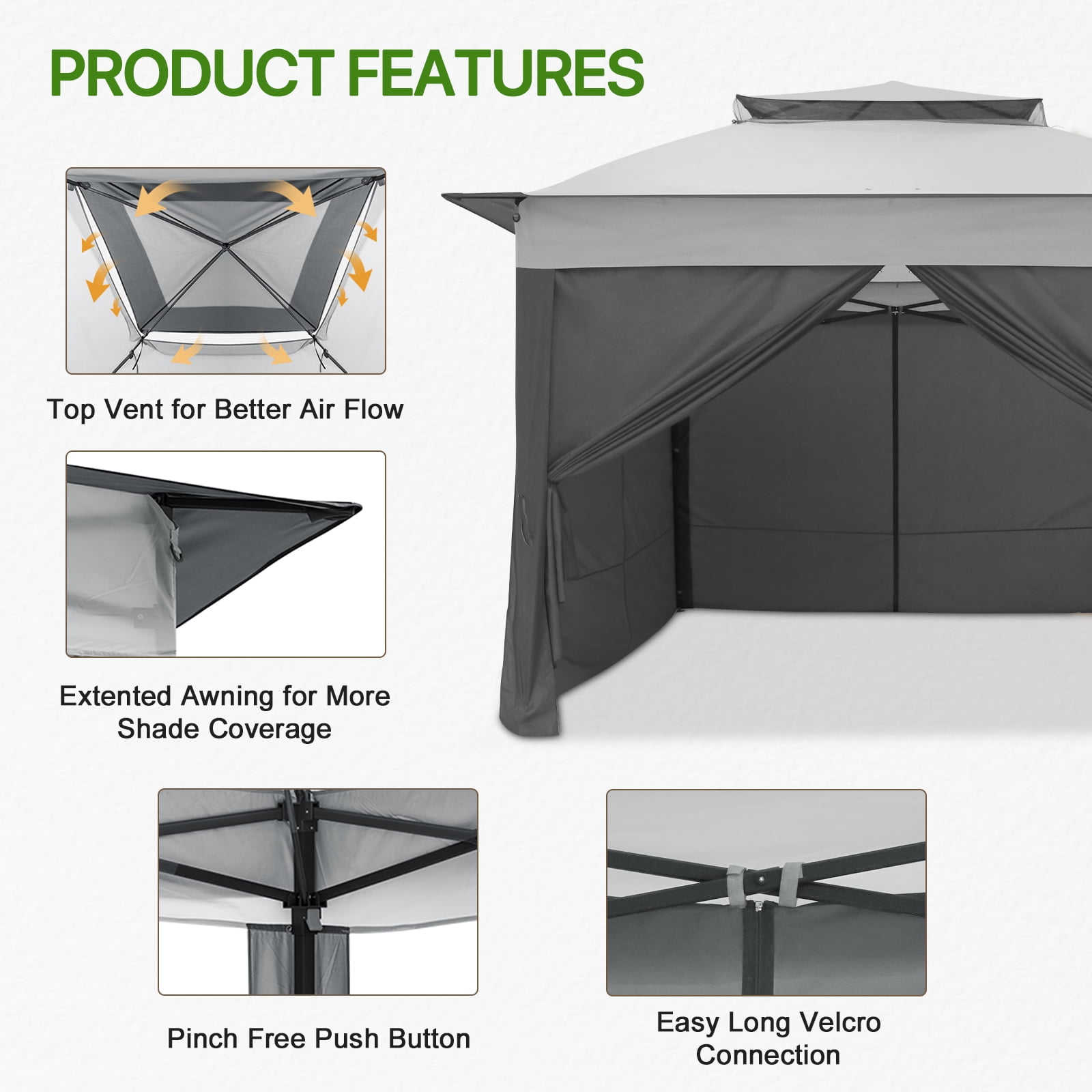 COOS BAY 11x11 Pop-up Instant Gazebo Tent with 4 Sidewalls Outdoor Canopy Shelter, Gray