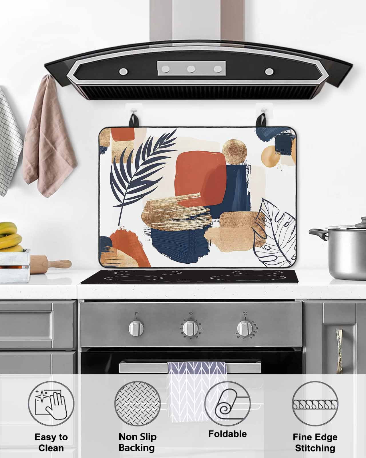 Large Induction Cooktop Protector Mat Boho Stove Top Covers for Electric Stove, Middle Century Leaves Minimalist Abstract Bohemia Decorative Stove Burner Cover Mats, Glass Top Stove Cover