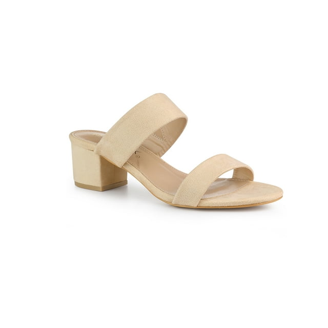 BLISSFUL STEP Women's Sandals Block Heels Dual Straps Slide Sandals Beige 5.5