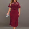 thumbnail image 2 of Wyzesi Robes Rouges pour Femmes Manches Courtes Longues Robe Élégante Grande Taille Couleur Unie Contraste Dentelle Manches Courtes Col Rond Robe Pyjama de Noël, 2 of 9