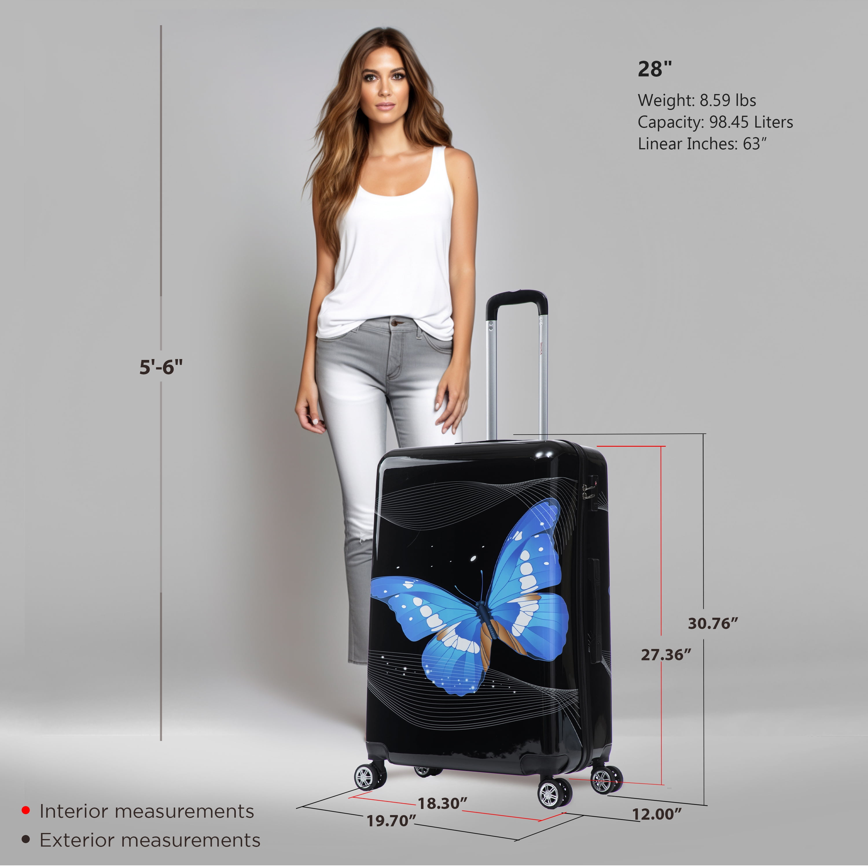 InUSA Print 28" Hardside Lightweight Luggage with Spinner Wheels, Handle, Trolley, Black Butterfly