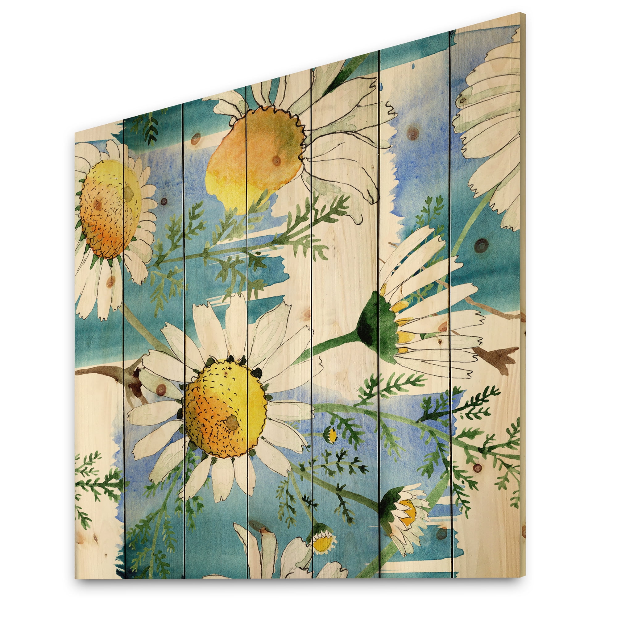 Designart 'Wild Spring White Chamomile Flowers' Traditional Print on Natural Pine Wood