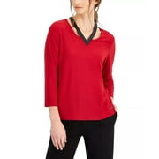 Nine West FIRE RED/ BLACK Women's Solid Faux-Leather Trim Top, US Medium
