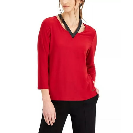 Nine West FIRE RED/ BLACK Women's Solid Faux-Leather Trim Top, US Medium