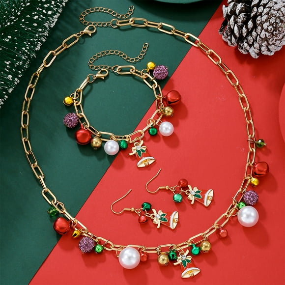 Long Pearl Necklace,Long Pearl Earrings,Christmas Holiday Jewelry Set Christmas Bells Pearl Earrings Bracelet Necklace Combination Jewelry Earrings Bracelet Necklace Set