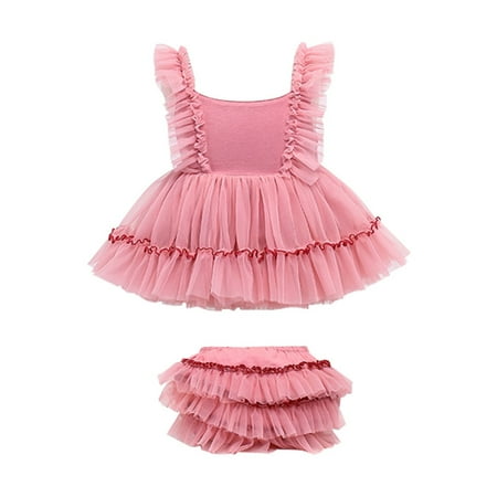 

XIEULQP Baby Girl Clothes Girls Summer Flying Sleeves Lace Mesh Stitching Solid Color Fashion Princess Dress Summer Dress Pink