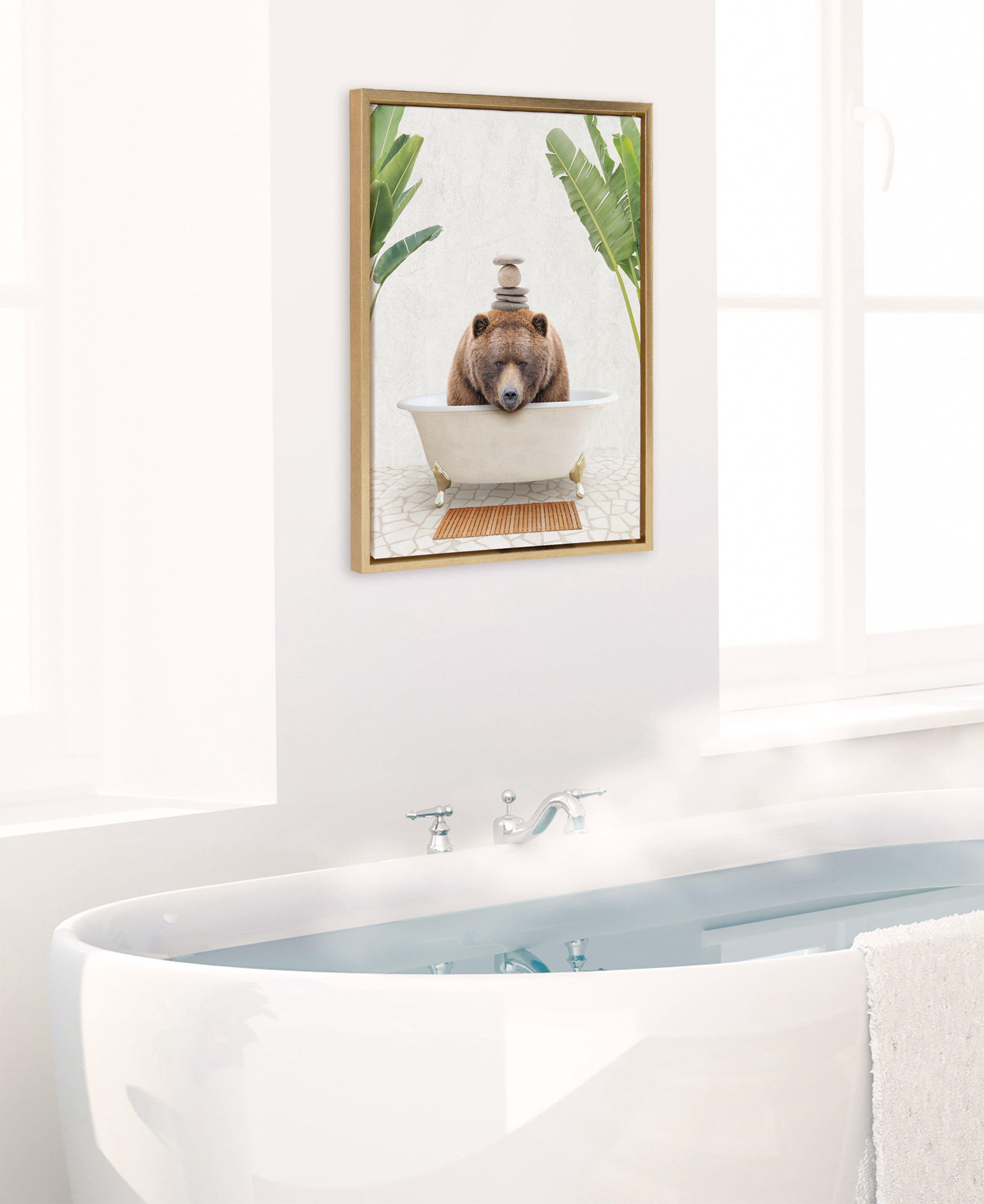 Kate and Laurel Sylvie Big Bear Bali Bath Framed Canvas Wall Art by Amy Peterson Art Studio, 18x24 Gold, Glam Bathroom Art Wall Décor