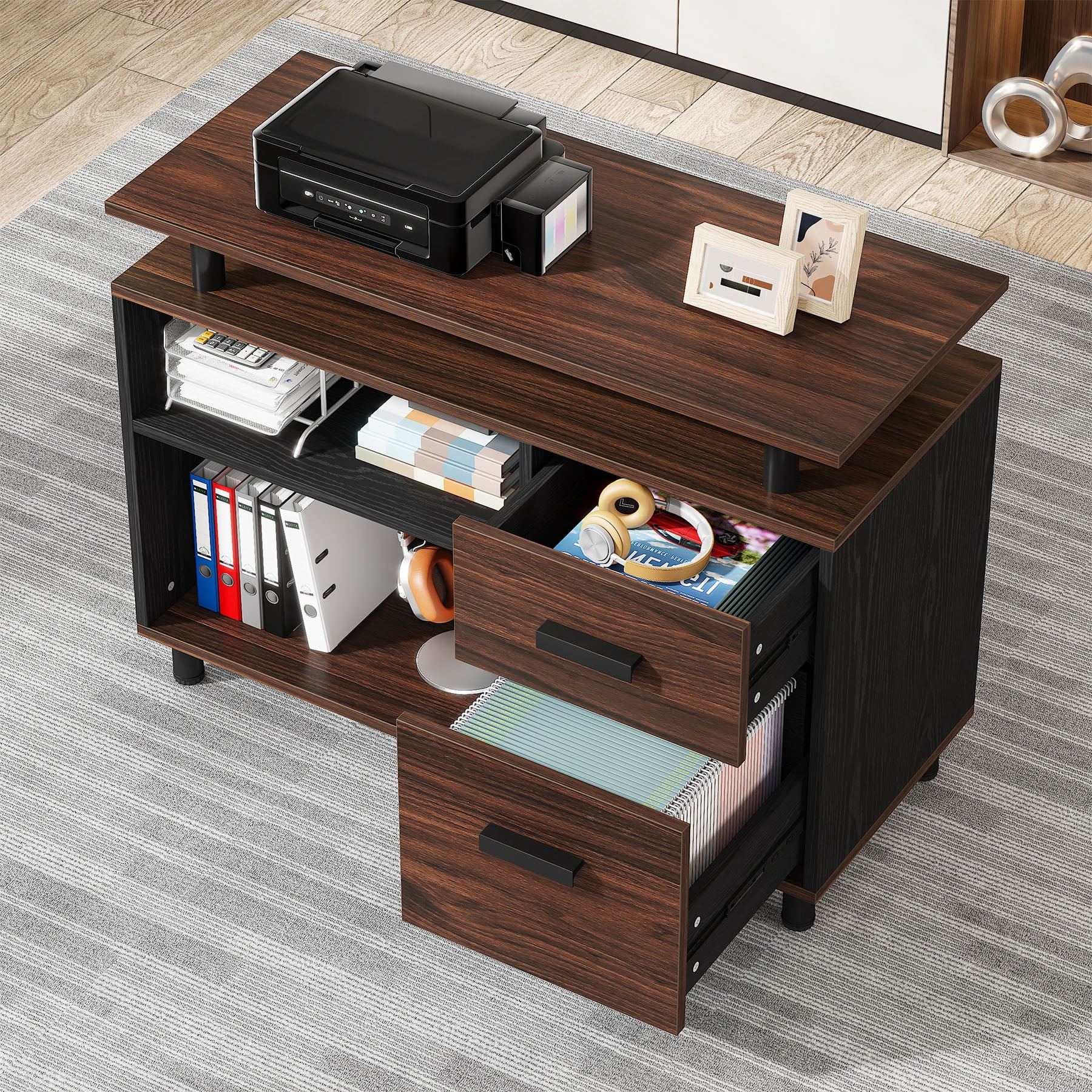 Finmind Executive Desk with File Cabinet, 63 Inch L Shaped Computer Desk with Drawers and Storage Shelves for Home Office, Brown and Black