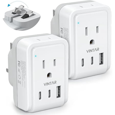 [2-Pack] US to UK Ireland Travel Plug Adapter, VINTAR Foldable Type G Power Adapter with 2 Outlets and 3 USB Ports(2 USB C), 5 in 1 UK Outlet Adaptor for US to England London Scotland Hong Kong Irish
