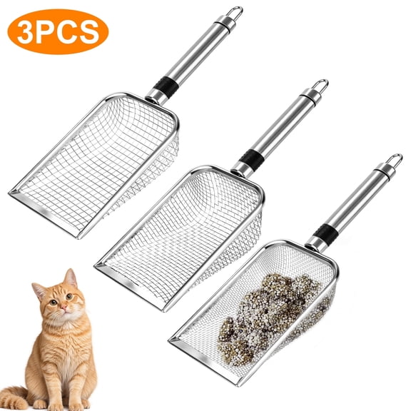 3pcs Cat Litter Scoop, TSV Stainless Steel Metal Litter Scooper with 3 Sizes Mesh Sifter, Durable Easy-Clean Kitty Litter Shovel for Cat Litter Box
