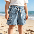 thumbnail image 3 of Boys Cargo Denim Shorts Elastic Waist with Drawstring Light Wash Blue Play Shorts Durable Stretch Comfort 2-12 Years,Size 2-3 T, 3 of 9