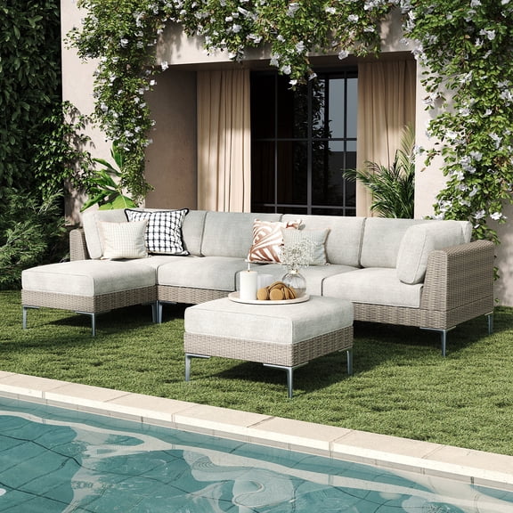 LayinSun 6-Piece Wicker Rattan Patio Furniture Set, Deep Seating Outdoor Modular Sectional Sofa Conversation Set with Thick Cushions for Lawn, Garden