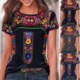 thumbnail image 4 of Women's Short Sleeve Crew Neck Floral Print Blouse Mexican T-Shirts Casual Loose Tops Mexico Summer Shirt, 4 of 6