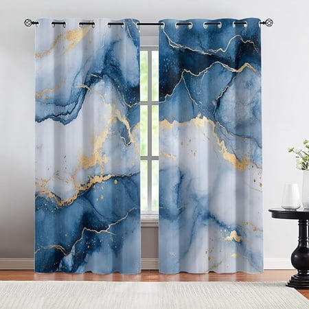 Marble Blackout Curtains For Girls Boys Home Decor Blue Gold Marble Curtains Modern Luxury Grommet Curtain For Living Room Bedroom 26 W x 63 L (Pack of 2)