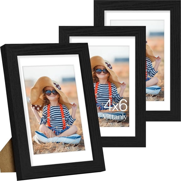 4x6 Picture Frame Set of 3, Display Pictures 3.5x5 with Mat or 4x6 without Mat for Wall Mounting or Tabletop, Picture Frames for Wall Decor, Engineered Wood, Black