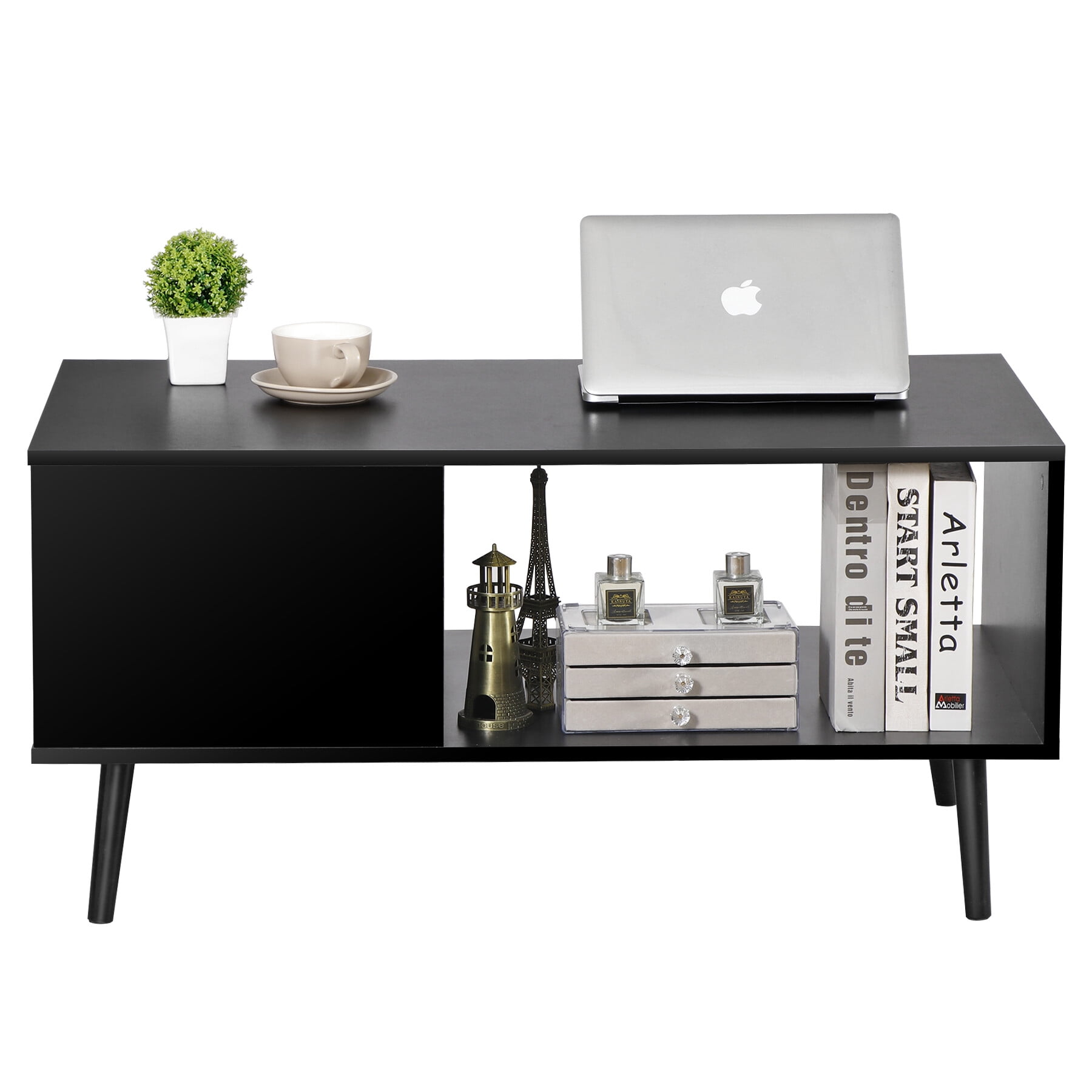 ZENY Wood Frame Mid Century Coffee Table with Open Storage Shelf Livingroom TV Table, Black