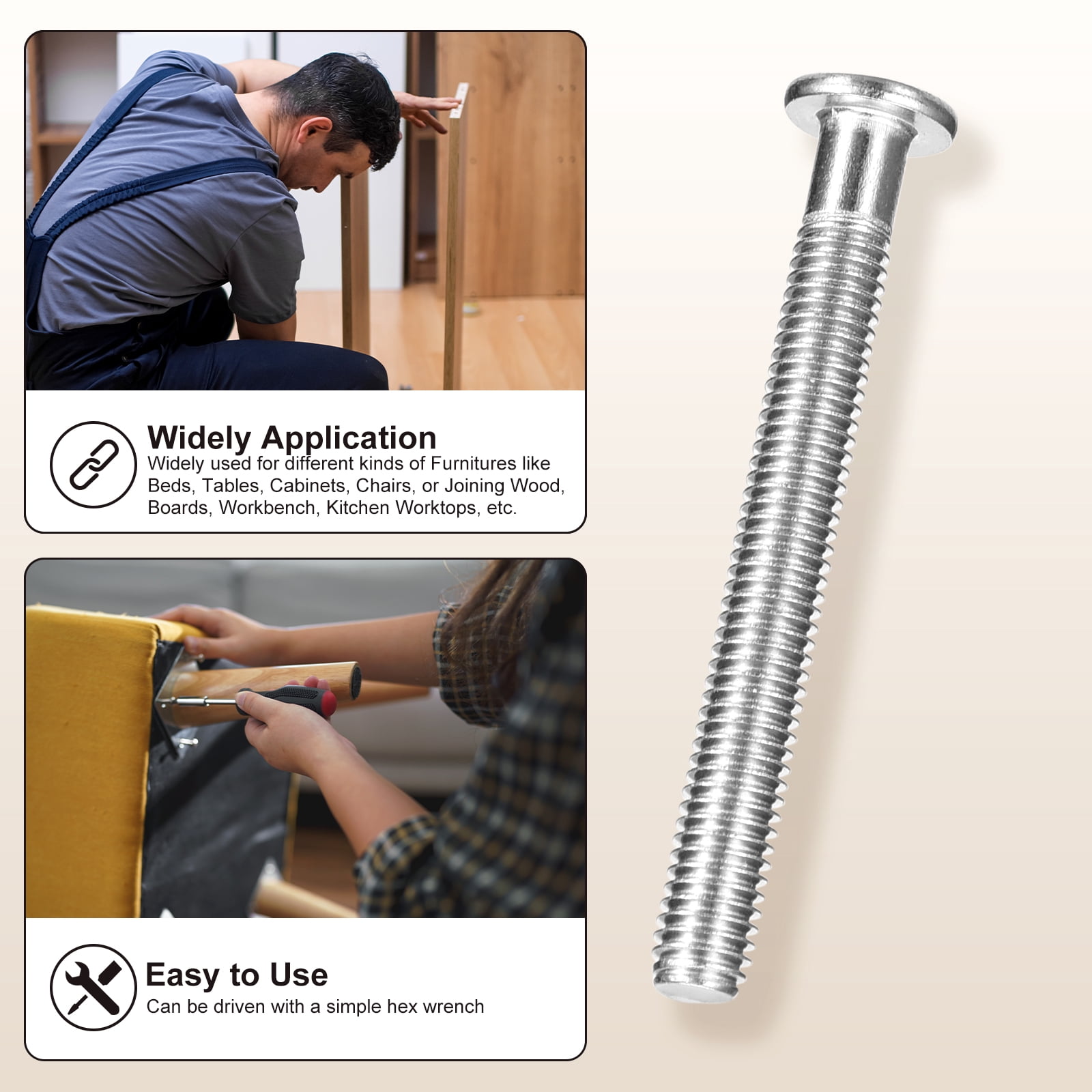 Furniture Connector Bolt Cap Nut Kit with Wrench(M6-1x16/20/25/30/35/40/45/50/55/60/65/70/75/80mm) 141Pcs, for Chair Cabinet Bed, Silver