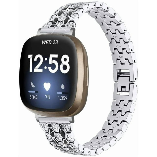 REQO Compatible with Fitbit Versa 4&Versa 3 Bands, Adjustable Stainless Steel with Diamonds Bands Replacement Ceramic Inlaid Metal Bracelet for Fitbit Versa 4&Versa 3 Accessories