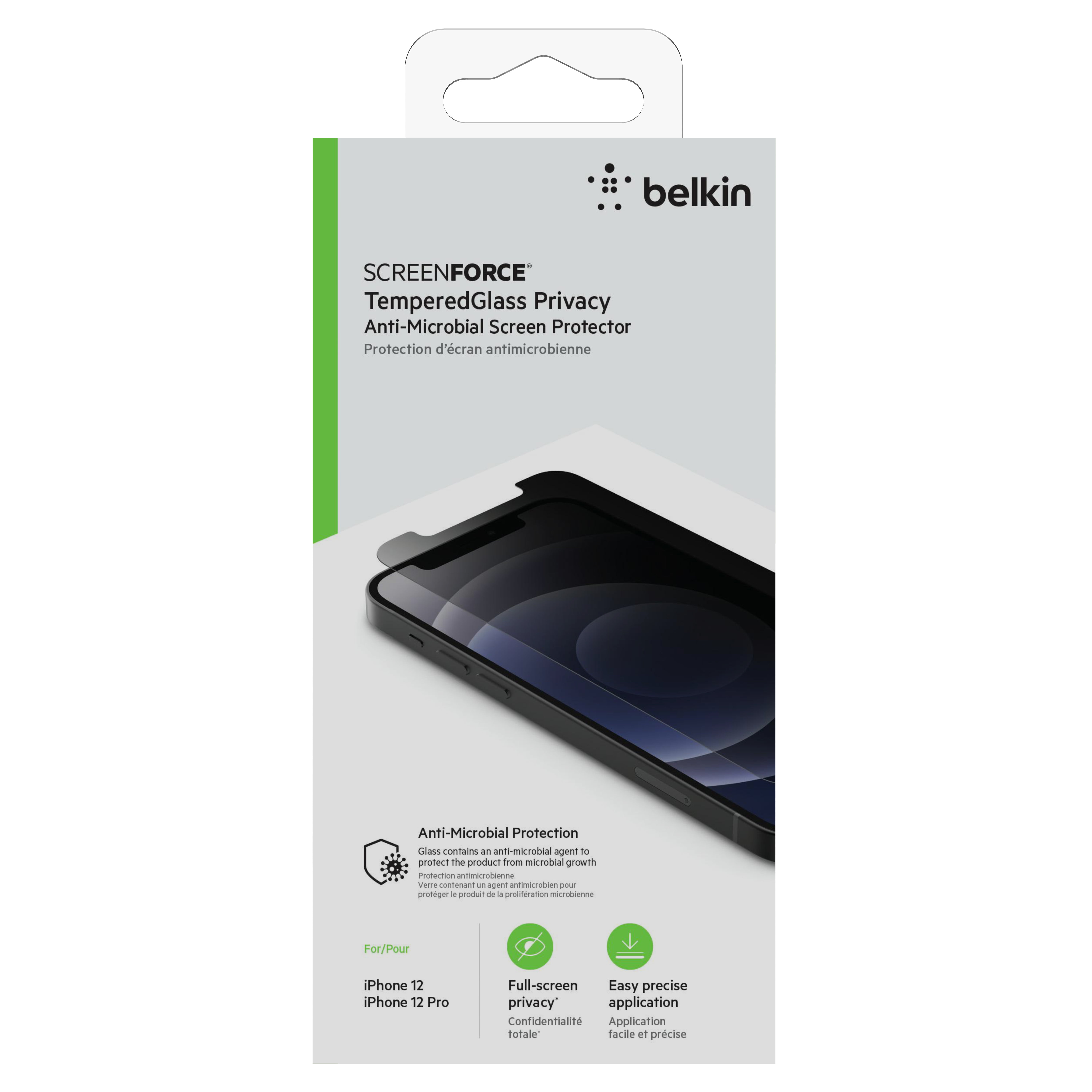 Belkin SCREENFORCE Tempered Privacy Anti-Microbial Screen Protector for iPhone  12 and Pro 