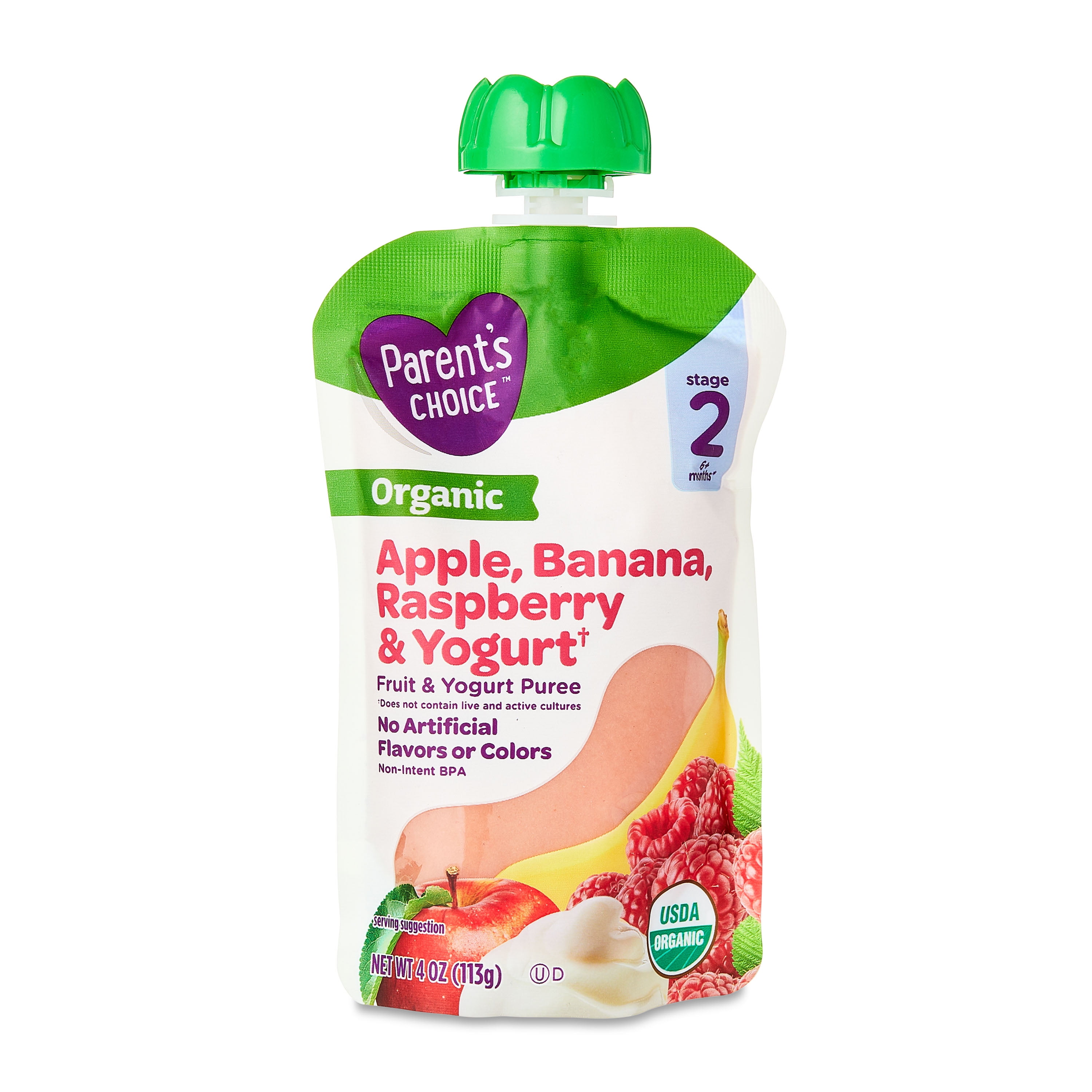 (3 pack) Parent's Choice Organic Stage 2 Baby Food Apple, Banana, Raspberry Yogurt, 4 oz Pouch