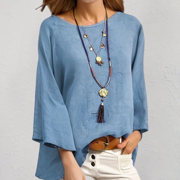 Vmvidoty Size S-5XL Women's 100% Cotton Fall Sateen Relaxed-Fit Loose Fit Peplum Blouse Long Sleeve Top Blue S