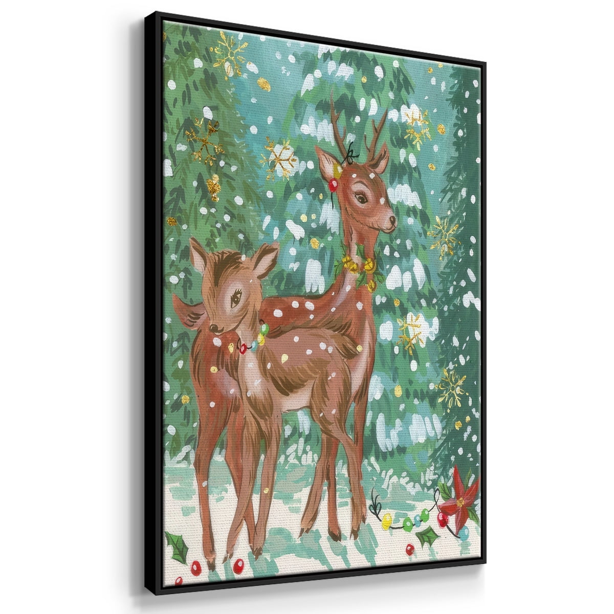 Doe and Fawn II - Framed Gallery Wrapped Holiday Canvas - 27 x 41 - Black Frame