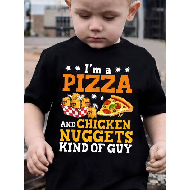 Camiseta de manga corta de verano para niño: "Soy un chico de pizza y nuggets de pollo", cuello redondo informal de algodón.