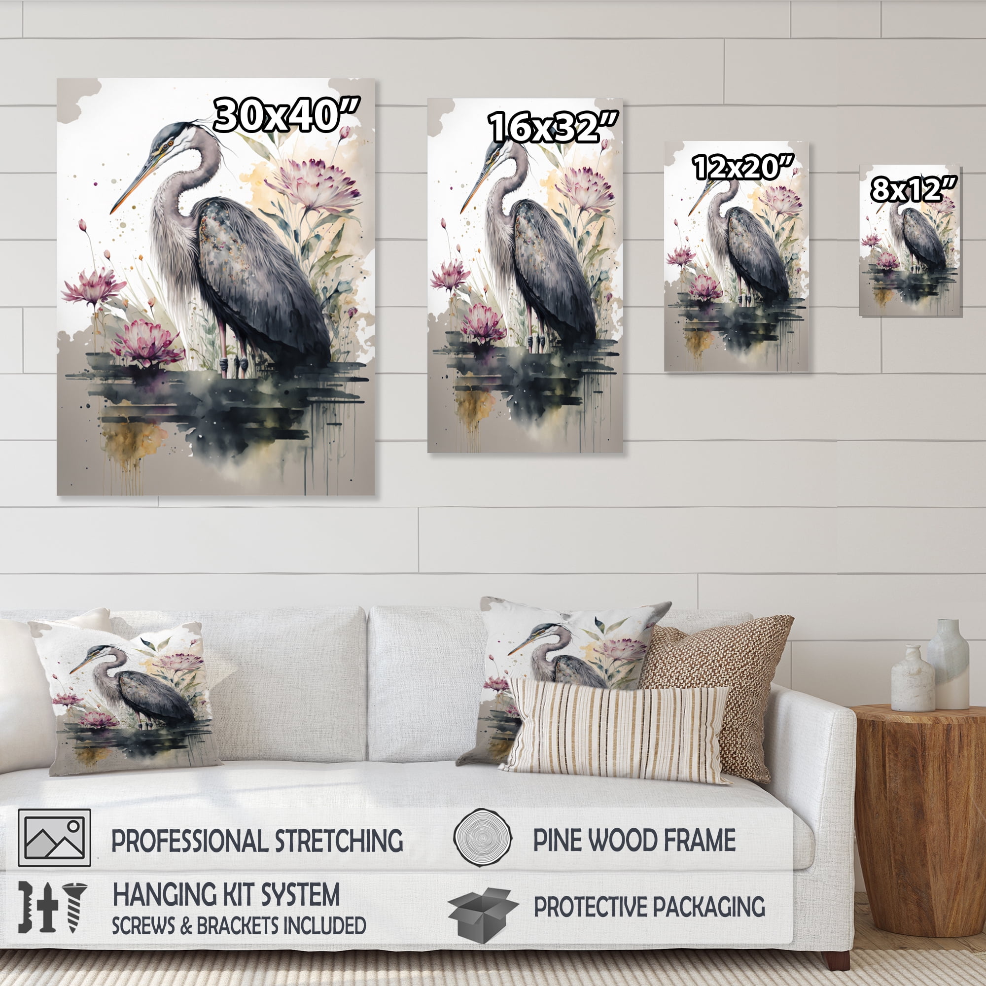 Designart Cute Heron Floral Art III Canvas Wall Art