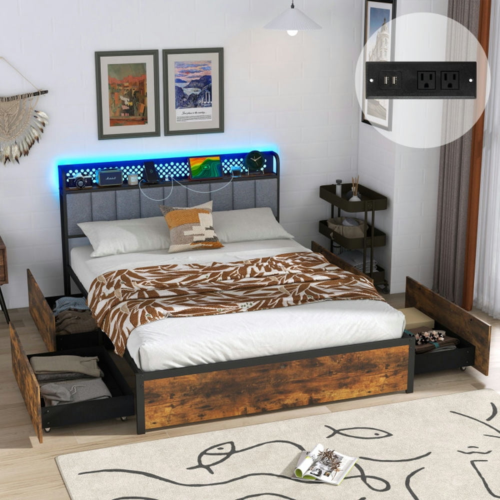 Yardi Yard Twin/Full/Queen Bed Frame with LED Lights Upholstered Headboard and 4 Storage Drawers-Full Size, Bed Frame