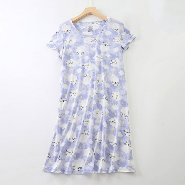 Pyjama en Coton pour Femmes, Nuisette Grande Taille Vêtements Tricotés Doux à Manches Courtes Col Rond, Violet P-TG,