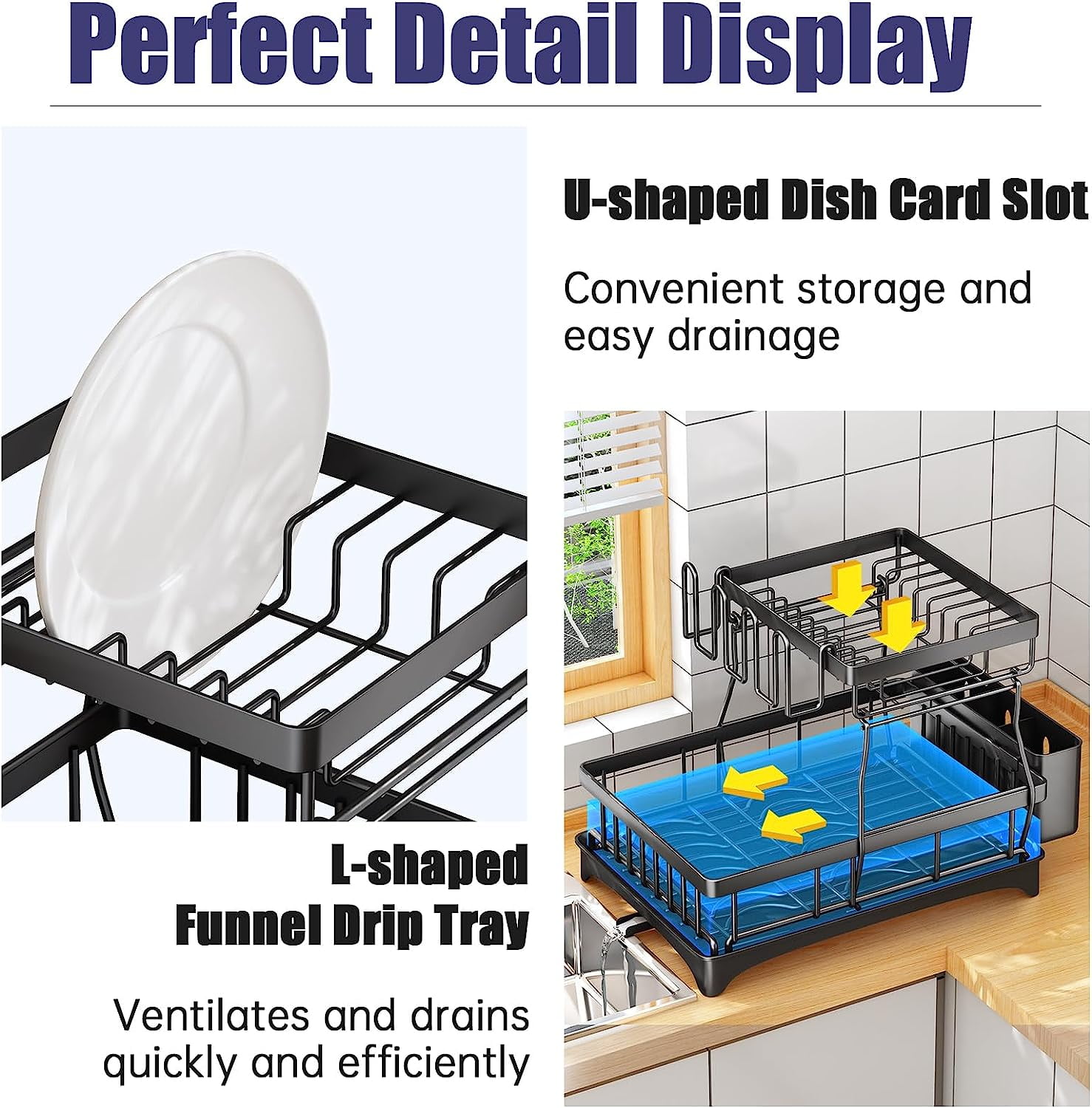 Runbaixing 2 Tier Large Dish Drying Rack and Drainboard with Utensil Holder and Cup Rack for Apartment Kitchen Counter, Black