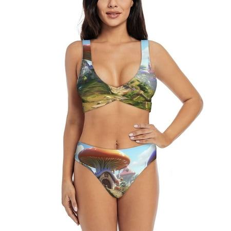 Zeuib Cute Mushroom Town High Waisted Tummy Control Bikini Set - Knot Front Push Up Top & Cheeky Thong Bottom  Two-Piece Swimsuit for Women-XX-Large