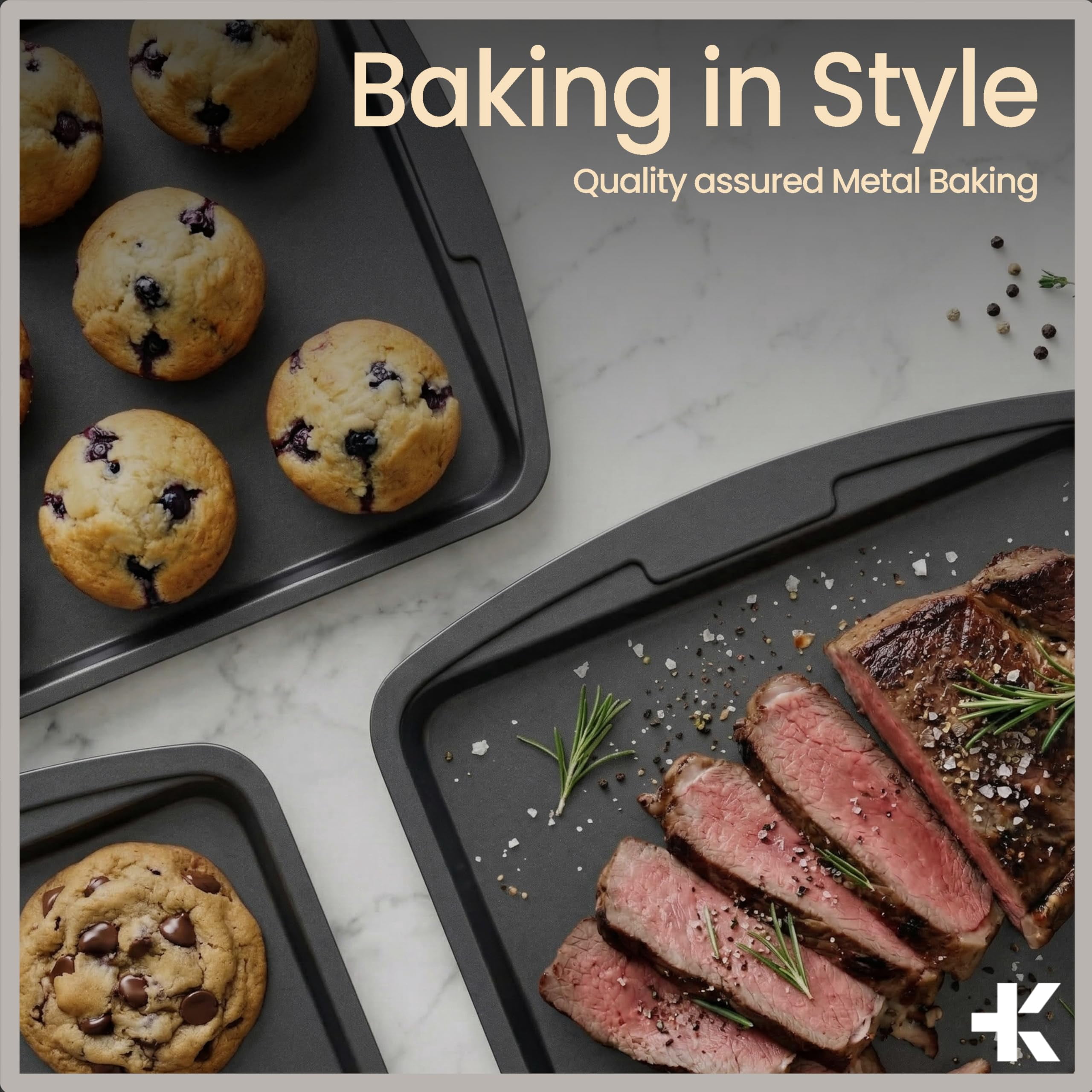 Bakken- Swiss 10-Piece Bakeware Sets, Nonstick Carbon Steel Baking Sheet & Pans, Stackable Space-Saving Bakeware, Stain-resistant, Oven Safe (up to 450°F), Gray
