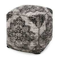 Keonte Hand-Loomed Boho Fabric Cube Pouf, Black and Beige