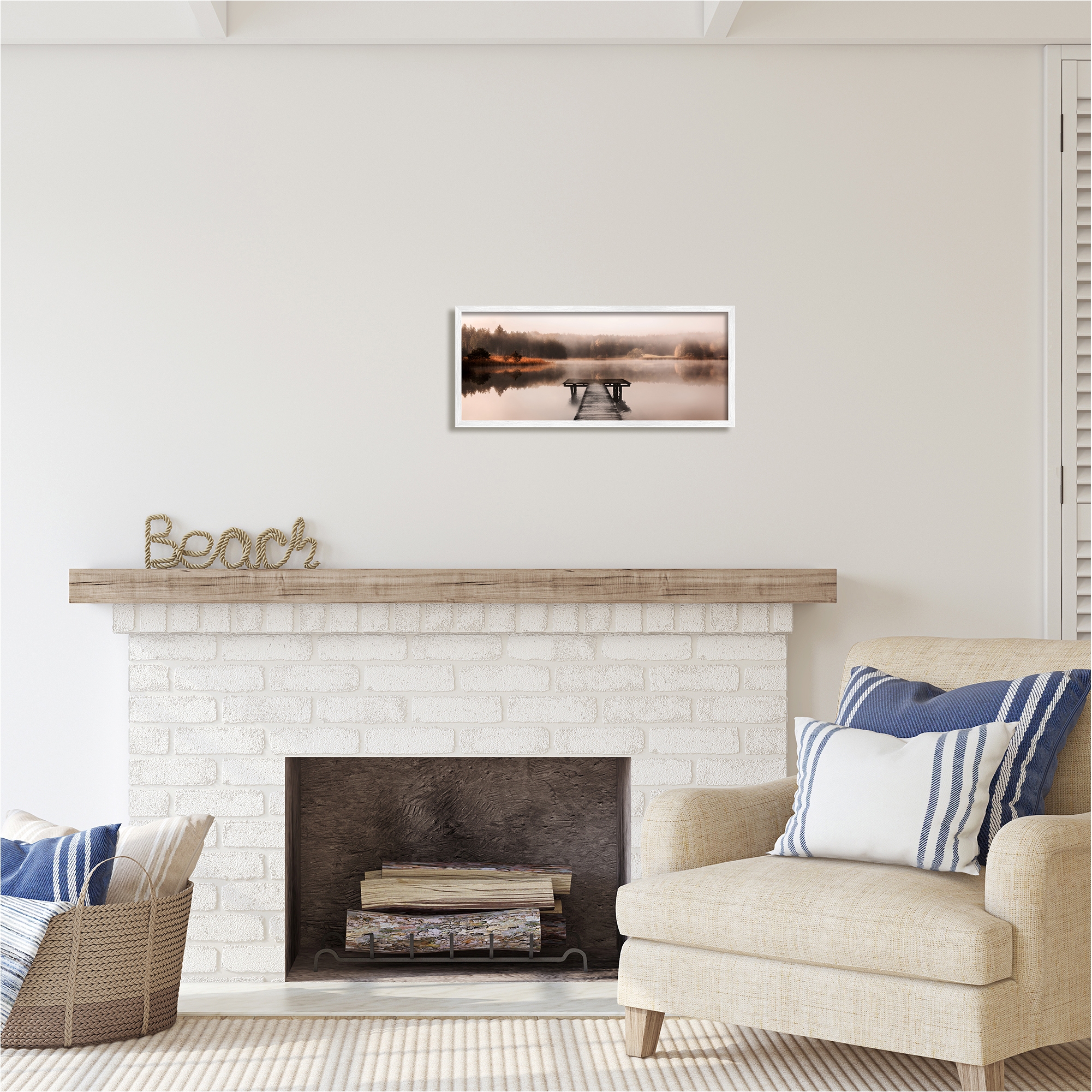 Stupell Industries Foggy Lake Pier Landscape Photography White Framed Art Print Wall Art, 24 x 10