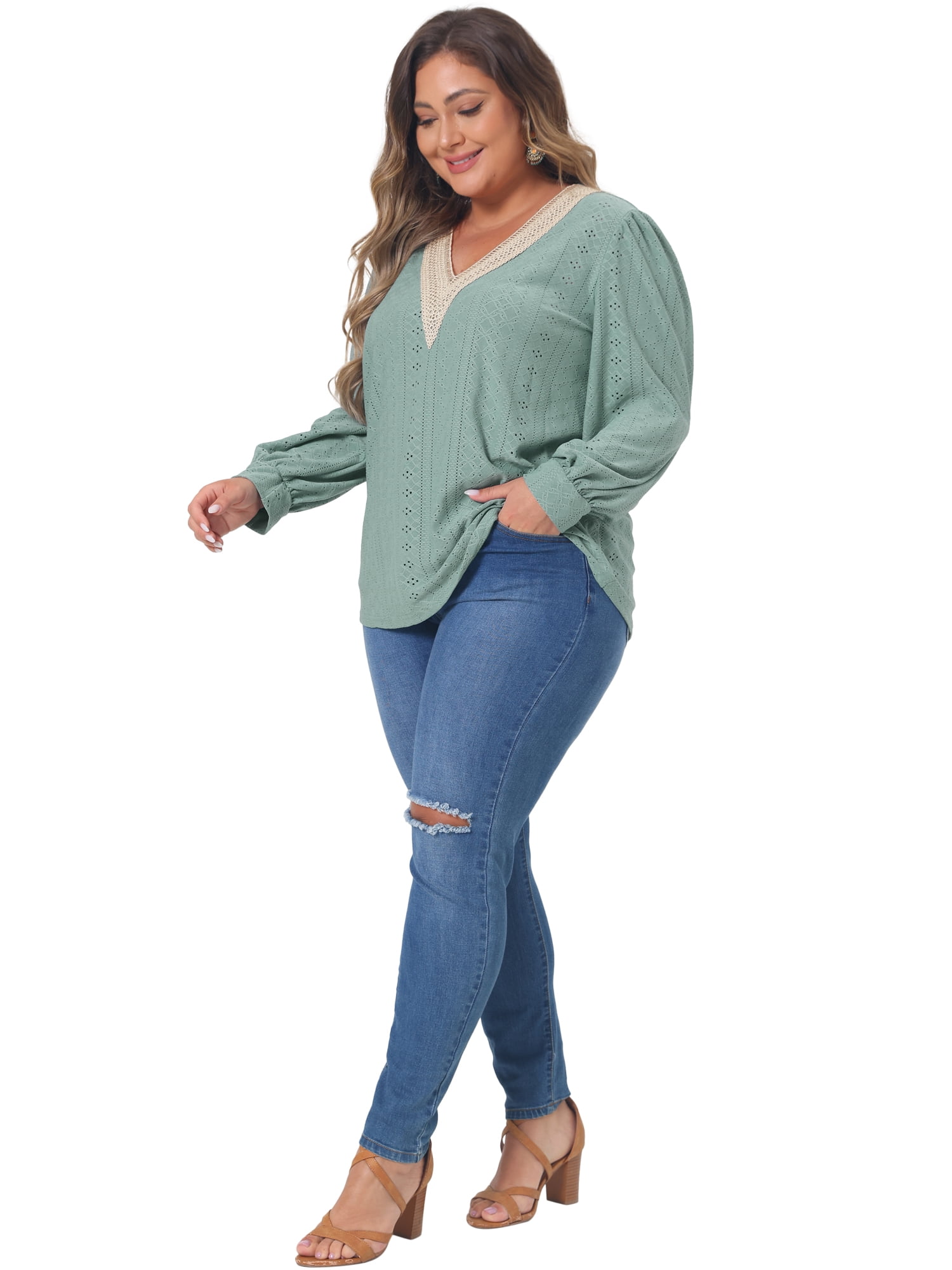 DARING DIVA  Women's Plus Lace V Neck Blouse Casual T Shirt 2X Green