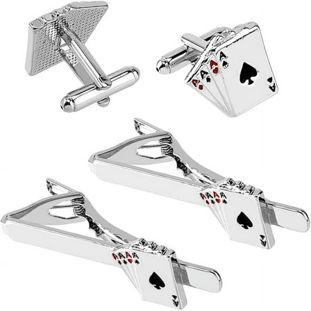 4Pcs Poker Playing Cards Cufflinks and Tie Clip Sets Gentleman's Tie Clips Fun Alloy Enamel Cufflinks