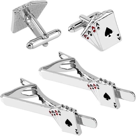 4Pcs Poker Playing Cards Cufflinks and Tie Clip Sets Gentleman's Tie Clips Fun Alloy Enamel Cufflinks