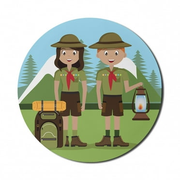 Colorful Mouse Pad for Computers, Camp Woman and Men in the Forest Outdoors National Park Recreation Theme Print, Round Non-Slip Thick Rubber Modern Mousepad, 8" Round, Multicolor, by Ambesonne