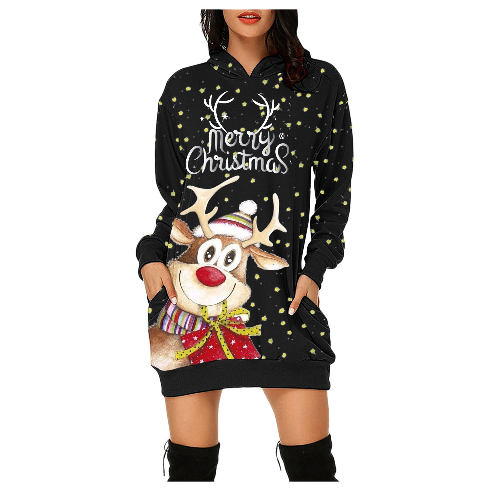 Chandail de Noël pour Femmes Imprimé de Vacances chandail Mi-Long Fermeture Veste à Capuche Mode Cardigan Chaud Col Rond Manches Longues Chandail de Noël