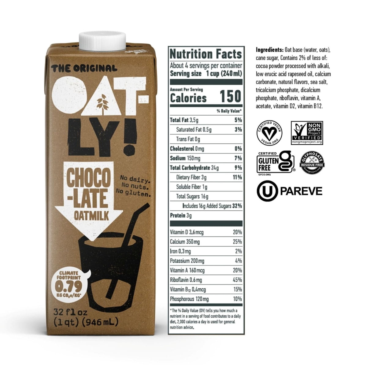 (2 pack) Oatly Chocolate Oatmilk, Ambient Dairy-Free Milk, 32 fl oz Shelf-Stable Carton