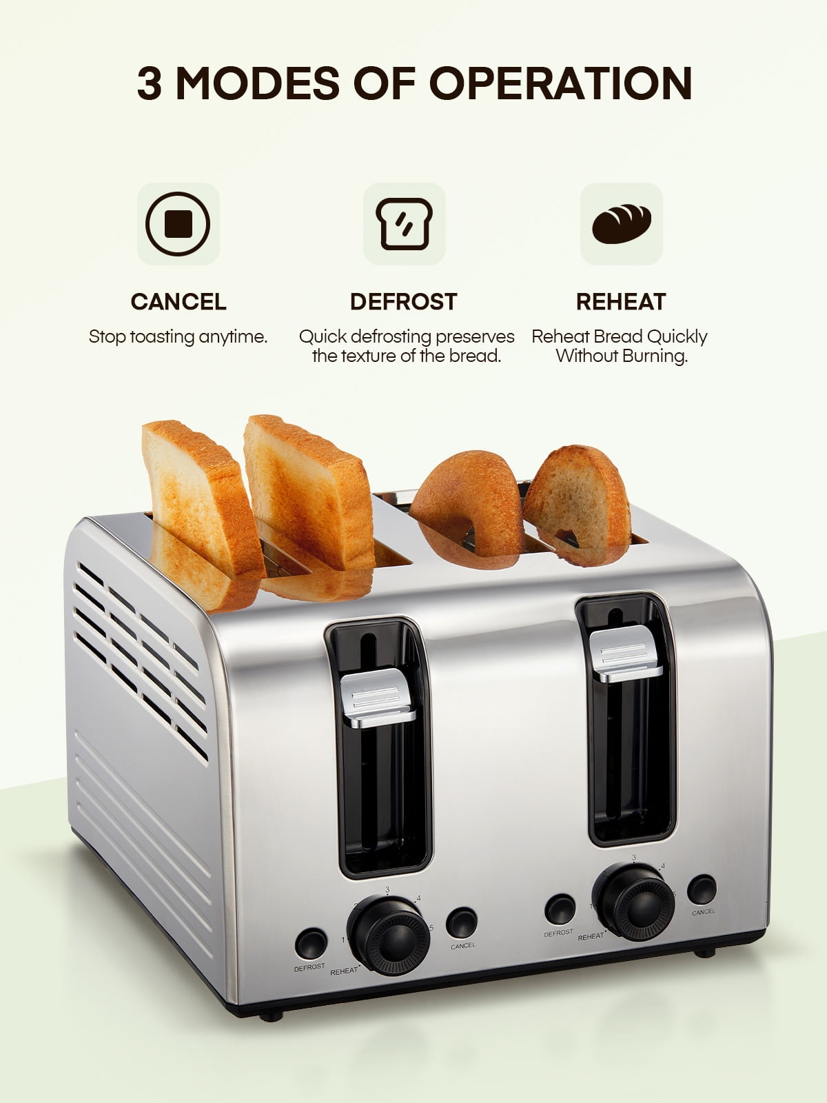 4 Slice Toaster, 1500W Extra-Wide Slot Toaster, for Bagel, Bread, Waffle, with 6 Shade Settings, Dual Independent Control Panel, Reheat/Defrost/Cancel Functions, Stainless Steel Sliver
